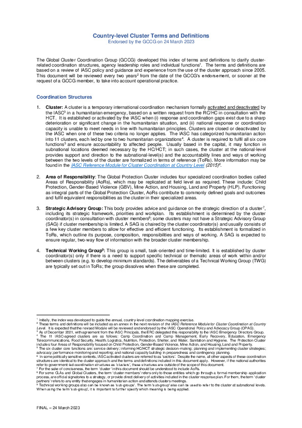 Countrylevel Cluster Terms and Definitions Global Protection Cluster